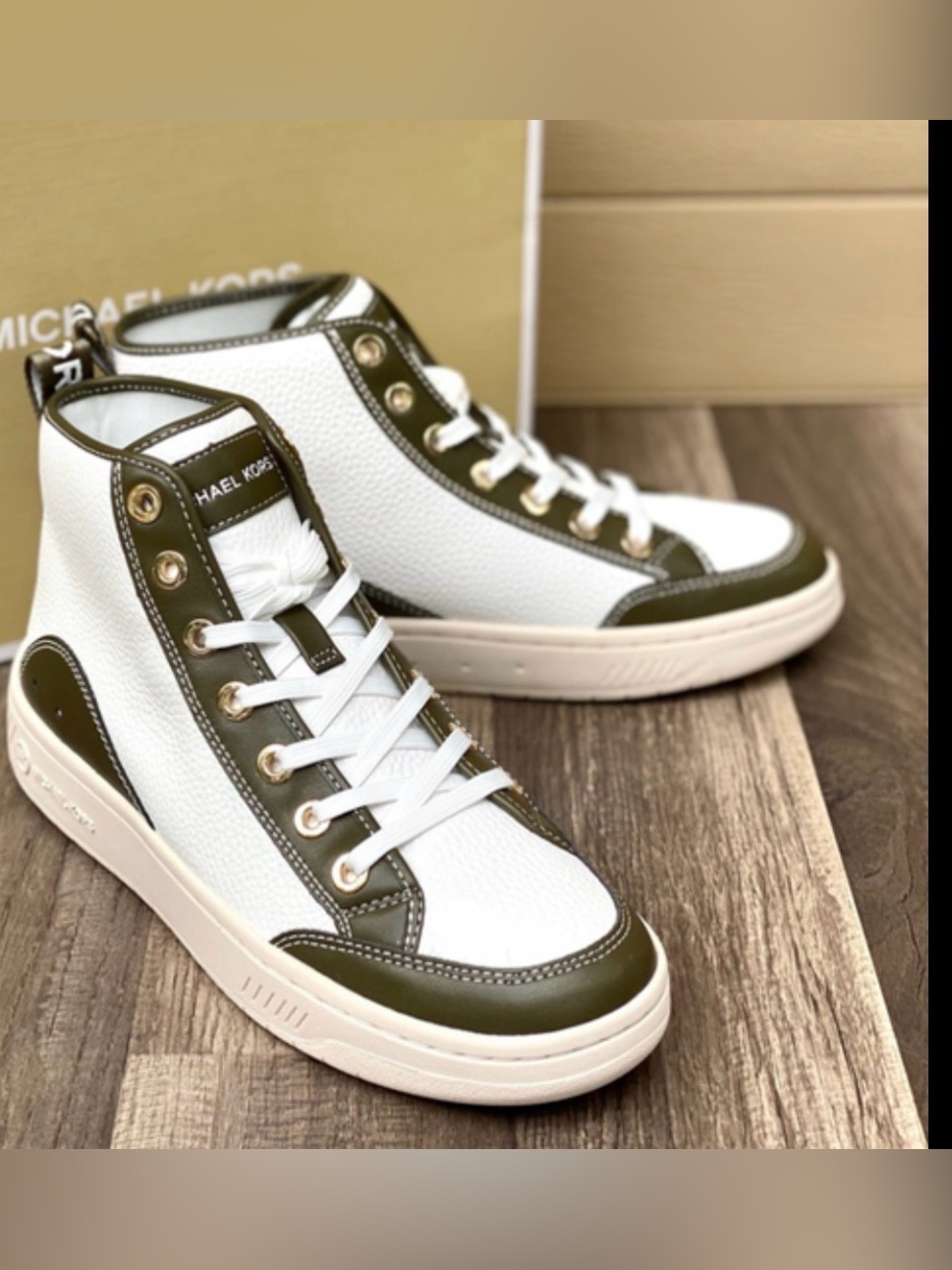 Michael Kors White And Olive High-Top Sneakers With Gold Accents Womens Size 6